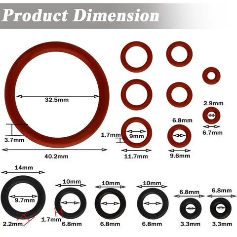 60Pcs Coffee Machine O Ring Seal Kit Silicone O Ring Replacement Set dimensions chart multiple sizes