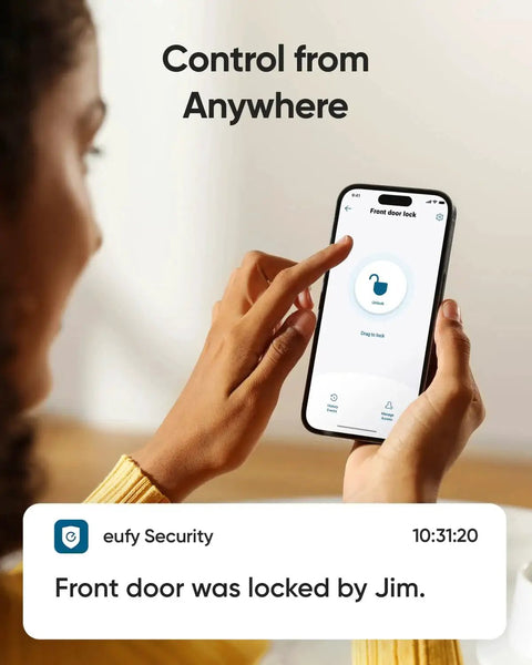 Person using smartphone app to remotely control Fingerprint Keyless Entry Front Door Lock With Built In Wi Fi App Remote Control And Physical Key Backup Designed For Easy Home Access IP53 Weatherproof Front Door Deadbolt BHMA Grade 3 Security Long Life Battery Up To Eight Months Model C220.