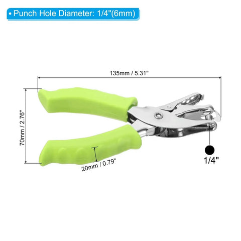 Front view of One Quarter Inch Hole Punch Handheld With Soft Grip Ergonomic Handle, shown in green with dimensions and 6mm hole size.