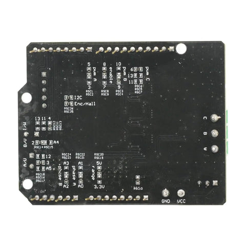 Pro Grade BLDC Motor Controller for FOC Shields showing pin layout, compatible with Arduino and STM32, 12V-35V DC range.