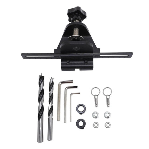 3 In 1 Dowel Jig Drill Kit With Self Centering Dowel Jig And Pocket Hole Locator, Includes 8Mm 10Mm 15Mm Drill Bits, Adjustable Woodworking Locator For Furniture Assembly And DIY Projects, Built Tough With High Carbon Steel shown in components layout