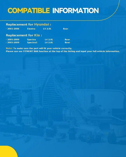 Rear Wheel Hub Assembly compatible info for Hyundai Elantra 2001-2006 and Kia Spectra 2005-2009, no ABS, 4 lug.