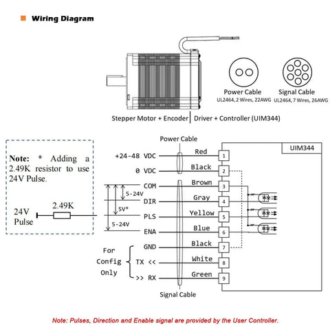 Wiring diagram for Integrated NEMA 34 Closed Loop Stepper Motor with pulse direction control and built-in encoder and controller.