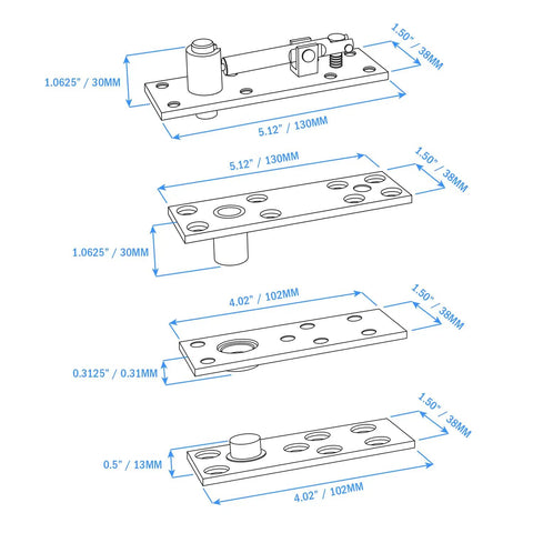 Technical diagram of Heavy Duty Stainless Steel 360 Degree Door Pivot Hinge System Matte Black With 6902Z Ball Bearing dimensions.