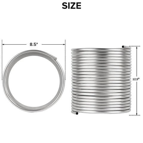 Heavy Duty Half Inch 50 Foot 304 Stainless Steel Tubing Coil for wort cooling, beer brewing DIY immersion chiller ice bath setup shown coiled