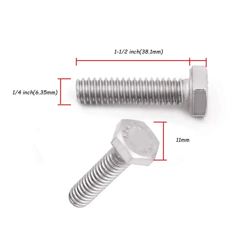 Two 1-1/2 inch Beefy Heavy Duty Stainless Steel Hex Bolts 1/4-20 Size, 18-8 304 Stainless, Fully Threaded, Industrial Grade Fasteners