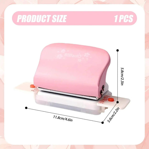 Pink adjustable 6 hole punch for diary planner and binder pages, 5.5mm round holes, shown with dimensions and product size details.