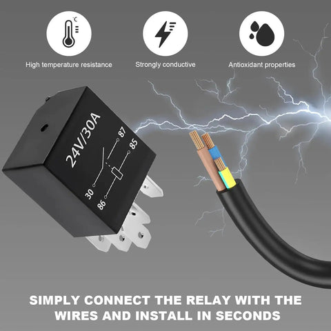 Heavy Duty 24V 30A 4 Pin Car Starter Relay, Waterproof Automotive Relay Switch with wiring, showing conductivity and connection