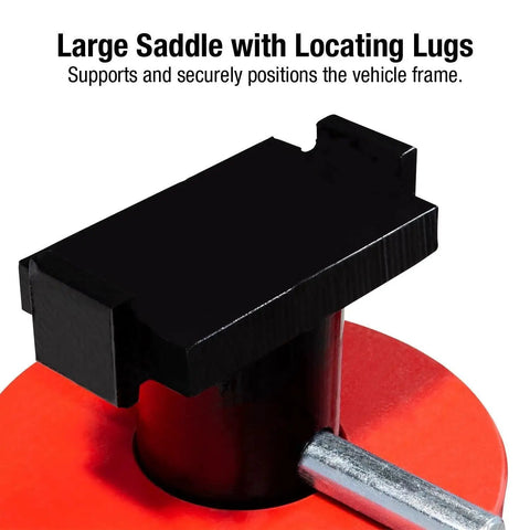 Large saddle with locating lugs on 10 Ton Pin Type Jack Stands High Height Pair With Four Leg Steel Base
