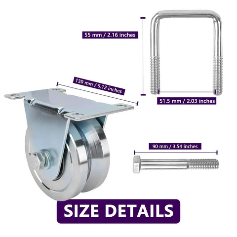 4 Inch Slide Gate Wheel With V Groove Heavy Duty Up To 3000 Lbs Dual Bearing External Mount Bracket size details