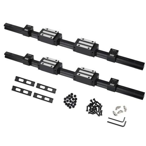Complete 350mm HGR15 Linear Rail Kit with 4 HGH15CA carriage blocks and HG15 end stop blocks for precision CNC motion.