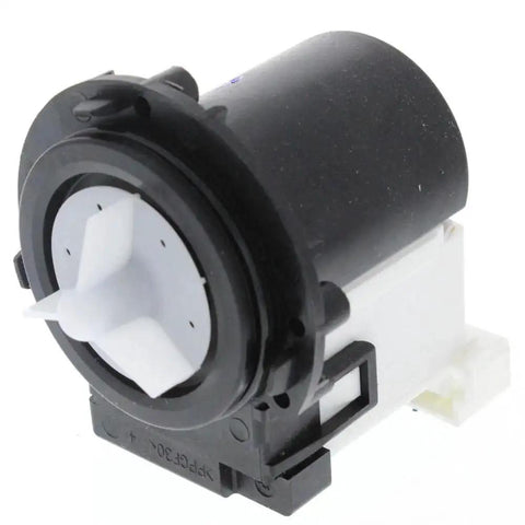 Front view of LG 4681EA2001T OEM drain pump assembly for LG washing machines; black housing, white impeller