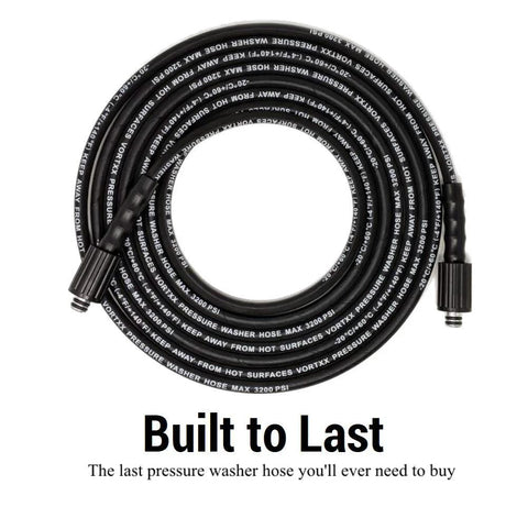 Vortxx pressure washer hose, 1/4 in x 30 ft, black steel wire braided jacket, M22-14mm connectors, 3200 PSI