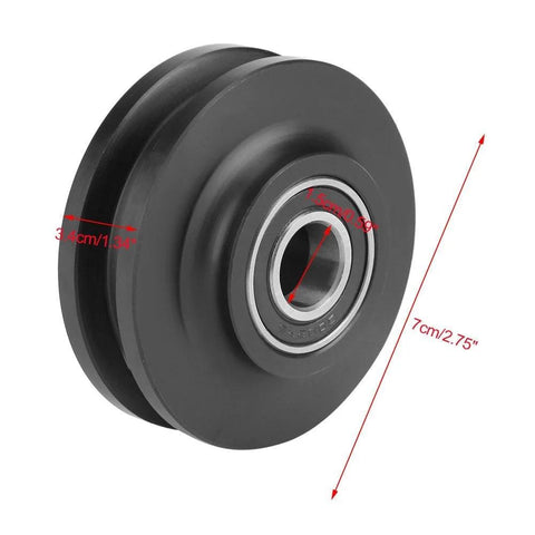 Close-up view of a single sliding barn door roller wheel from the Sliding Barn Door Roller Wheels For Closets Cabinets And Windows Dope Heavy Duty Industrial Hardware Kit 2 Pack In Silver And Light Gray Finish Smooth Quiet Rolling Track System For Rustic Home Renovations. Shown with measurements, made from durable material.