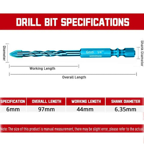 High Strength Eccentric Drill Bit Set One Quarter Inch Shank 5 Piece Tungsten Steel M35 Masonry Concrete Bits For Stone Marble Tile Granite Glass Wood showing specifications.