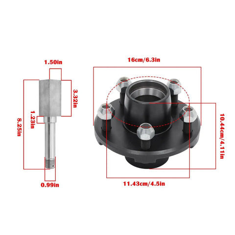 Front view of 5 On 4.5 Inch Trailer Hub Kit With Square BT16 Spindle And Complete Bearing Set Including L44649 L44610 Bearings Grease Seal Dust Cap Lug Nuts Spindle Nut Washer And Cotter Pin For Easy Towing And Durable Trailer Axle Upgrade with dimensions