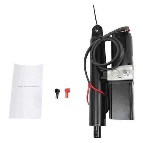 Side view of 12V heavy-duty hydraulic linear actuator with black metal housing, mounting bracket, and power cables