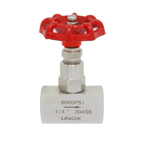 Stainless Steel 304 Needle Valve 1/4 Inch NPT for 6000 PSI High Pressure, straight flow control valve with red handle, UNOX