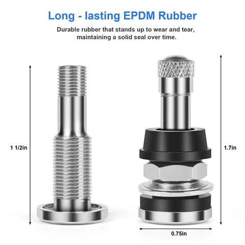 Close-up of Six Pack TR416 Tire Valve Stems For High Pressure Two Hundred PSI Tubeless Brass Schrader Stems with EPDM rubber seal