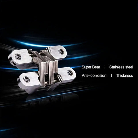 Hidden Hinges Set 2 Pack 304 Stainless Steel Discreet Invisible Folding Door Hinges close-up on black background