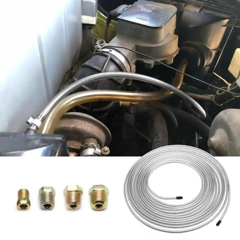 Front view of automotive copper brake line kit: 25 ft of 3/16 inch zinc-plated copper line with 16 inverted-flare fittings.