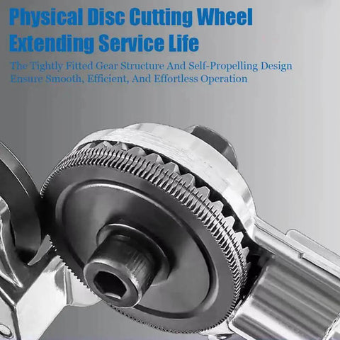 Close-up of a physical disc cutting wheel with gear structure from nibbler kit for turning any drill into a pro sheet metal cutter.