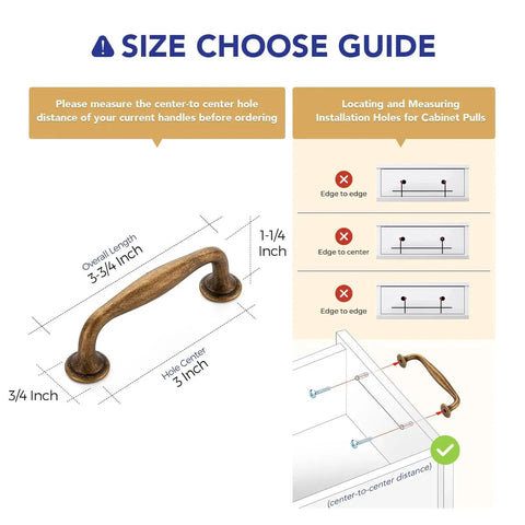 Antique Brass 3 Inch Cabinet Handles Set Of 5 In Solid Zinc Alloy size guide with measurements for installation and screw positioning