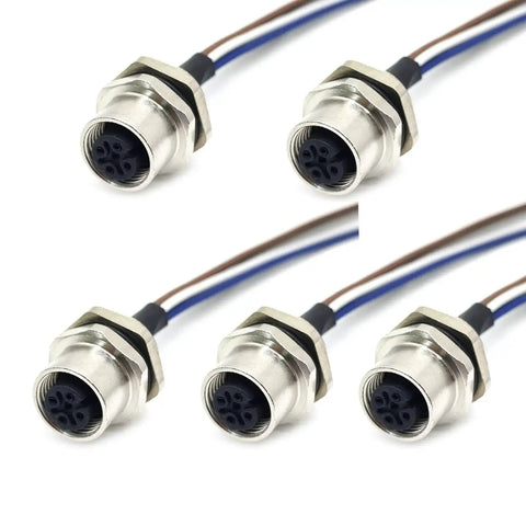 Tough As Nails M12 5 Pin A Code Female Connector Cable IP67, showing five unshielded connectors for panel or cable 125V 4A 0.5M.