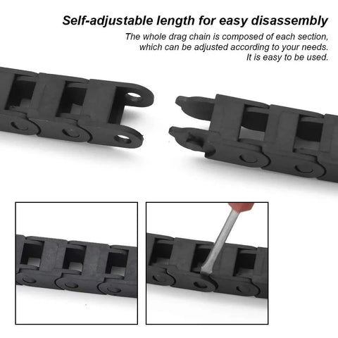 R18 7mm X 7mm Inner Size Black Plastic Cable Drag Chain Bridge Type with End Connectors, shown in adjustable length feature