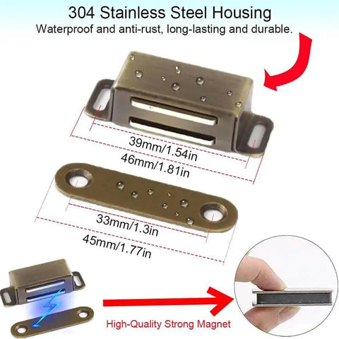 Heavy Duty Magnetic Cabinet Catches 2 Pack Holds Up To 15 Lbs Cupboard Door Magnets Stainless Steel, close-up view, measurements shown