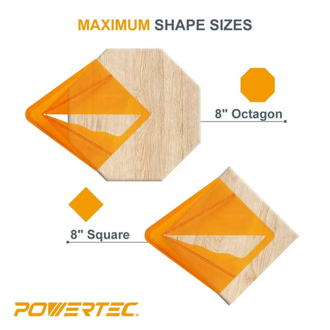 Center Finder Tool For Woodworking Up To Eight Inches, showing size for 8-inch octagon and square shapes, orange plastic design.
