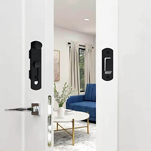 4 Pack 180 Degree Flip Sliding Barn Door Latches Stainless Steel Gate Locks Matte Black on a White Door in Living Room