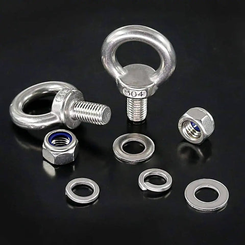 Image of Heavy Duty M14 Eye Bolt Set In 304 Stainless Steel With Lock Nuts, Lock Washers, And Flat Washers for lifting and securing projects.