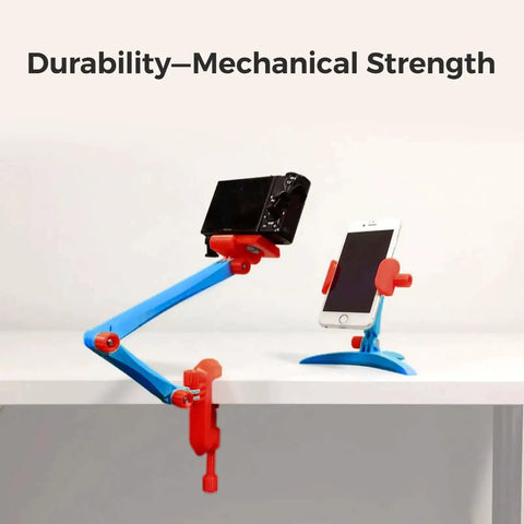 Blue and red adjustable desk mounts holding a camera and smartphone