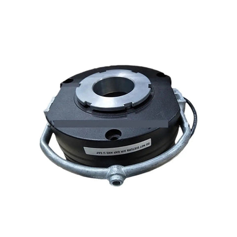 Electromagnetic clutch and brake motor assembly with base; black housing, silver mounting ring, front view.