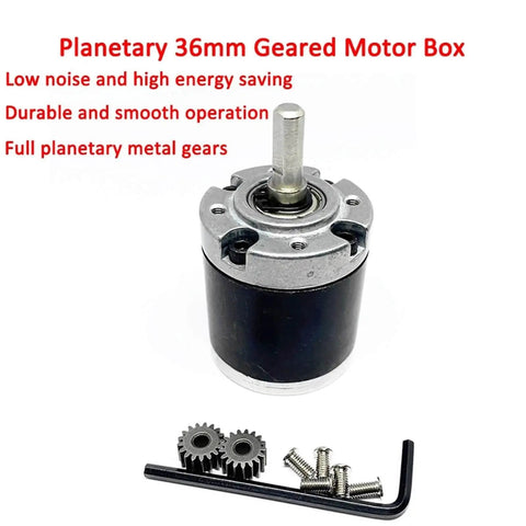 36mm Planetary Gear Motor Gearbox for DC Brushed Motors with 6mm Shaft, screws, gears, and hex key