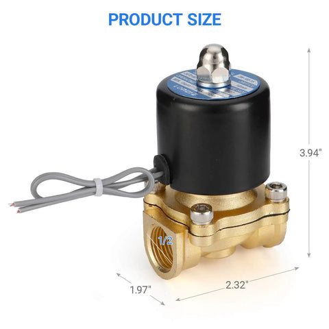 Brass Waterproof Electric Solenoid Valve Half Inch NPT DC12V Normally Closed For Water Oil Gas Air, product dimensions shown