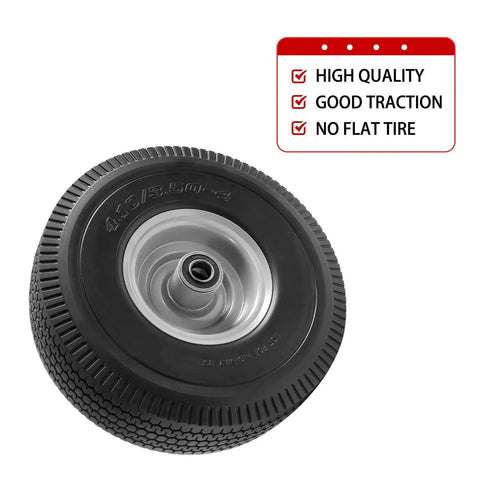 10 Inch Solid PU Tire And Wheel Replacement For Garden Carts Hand Trucks And Wheelbarrows 10x3.50-4 Flat Free Wheel with text of features