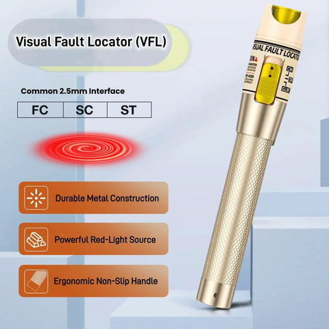 Visual Fault Locator VFL fiber optic tester pen, gold metal body, red light, 2.5 mm FC/SC/ST interfaces
