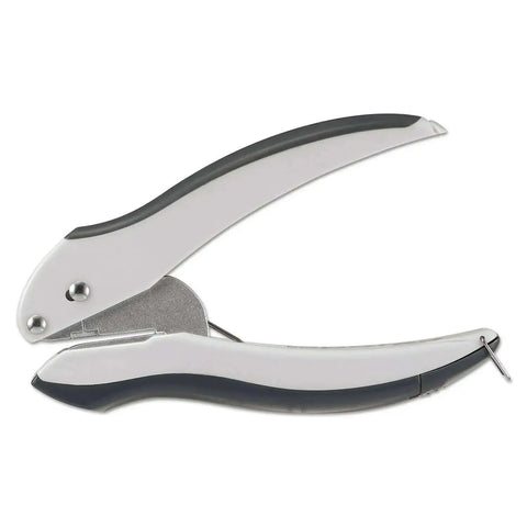 EZ Squeeze One Hole Paper Punch For 10 Sheets With No Jam Tech, ultra lightweight, ergonomic grip, side view of gray blue office tool