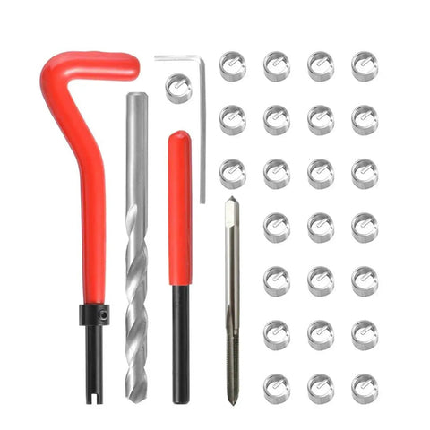 30 Piece Metric Thread Repair Kit for M3 M4 M7 M9 M11 Helicoil Style Inserts with tools and inserts displayed