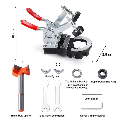 35mm Concealed Door Hinge Jig for Cabinets Pro Grade Aluminum Alloy Guide With Accurate Locking Mechanism, tools displayed