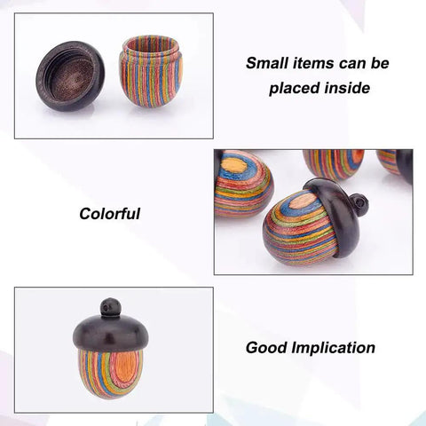 Five Pack Rainbow Wood Acorn Pendant Set With Openable Mini Cremation Urns For Ashes displayed with open lids and vibrant colors