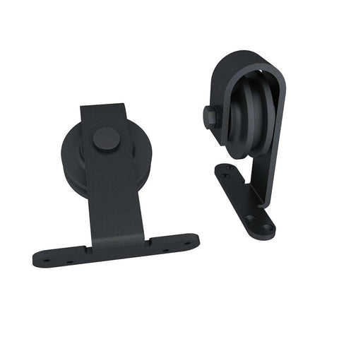 Heavy Duty Black Top Mounted Barn Door Hardware Kit For Aluminum Framed Glass Doors With A 6.6 Foot Rail System Includes Two 3.3 Foot Rails Easy To Assemble Ideal For Glass Panel Doors And Modern Home Renovations visible hardware components