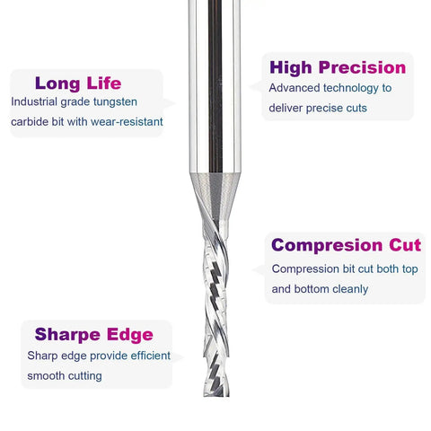 Up And Down Compression Spiral Router Bit For Woodworking And Engraving, One Eighth Inch Cutting Diameter, One Quarter Inch Shank