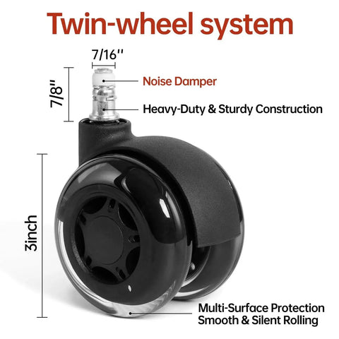 3 Inch Office Chair Wheels Set Of 5 Double Rollerblade Replacement For Smooth Quiet Rolling On Hardwood Floors And Carpets Heavy Duty Non Marring Black Wheels For Office And Gaming Chairs close-up view with dimensions.