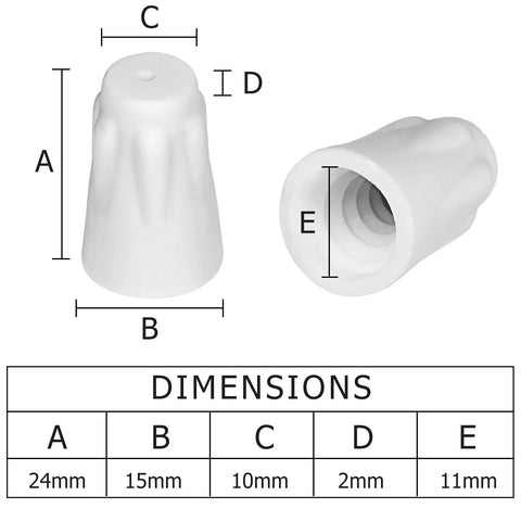 White ceramic wire connector cap; front and side views with a dimension chart (24mm tall, 15mm wide, 10mm top diameter, 2mm, 11mm).