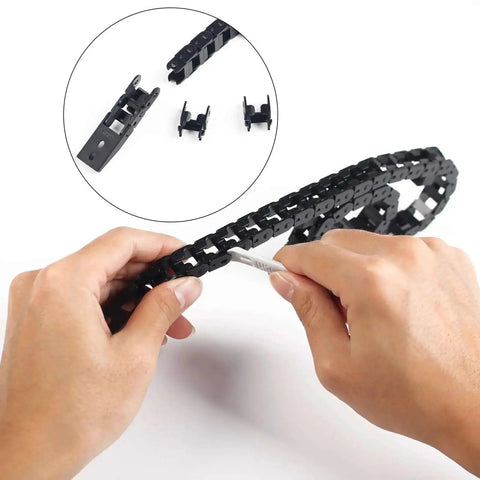 Hands holding K1 Max Drag Chain Cable Carrier For 3D Printer Upgrades Black Flat Cable Chain Open Type, 20.4 inches