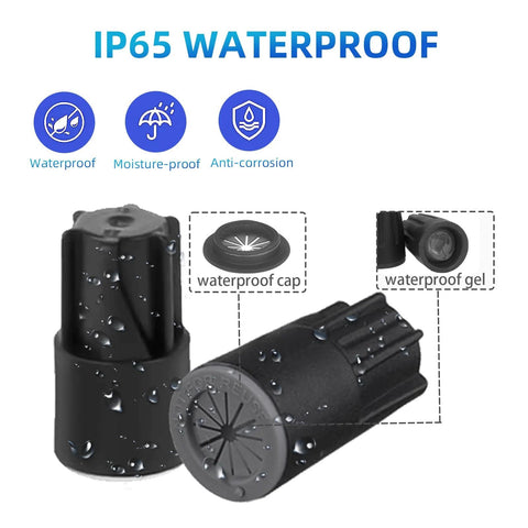 40-pack black waterproof outdoor wire connectors with gel sealant and caps for 22–14 AWG landscape lighting, small size.