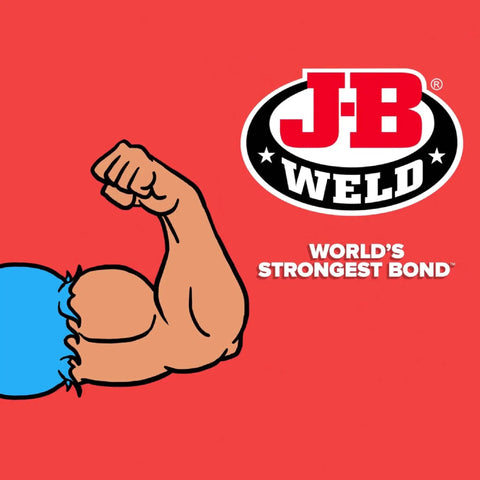 J-B Weld logo with flexed arm illustration and slogan "World's Strongest Bond" on a red background.
